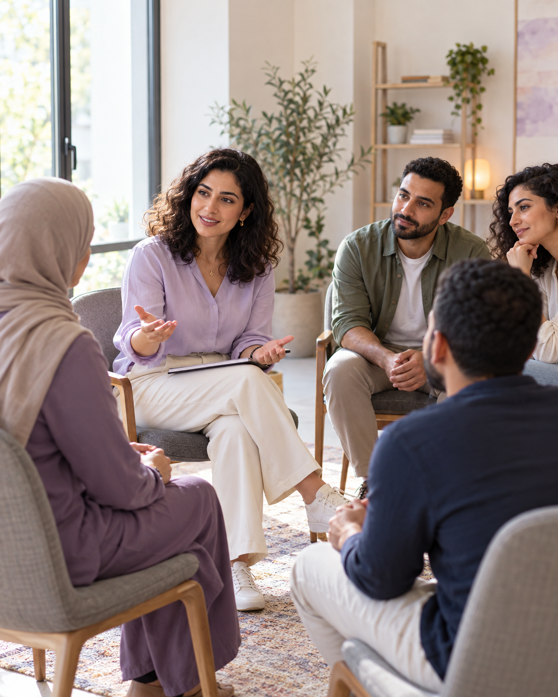 A facilitator supporting a group member during a session