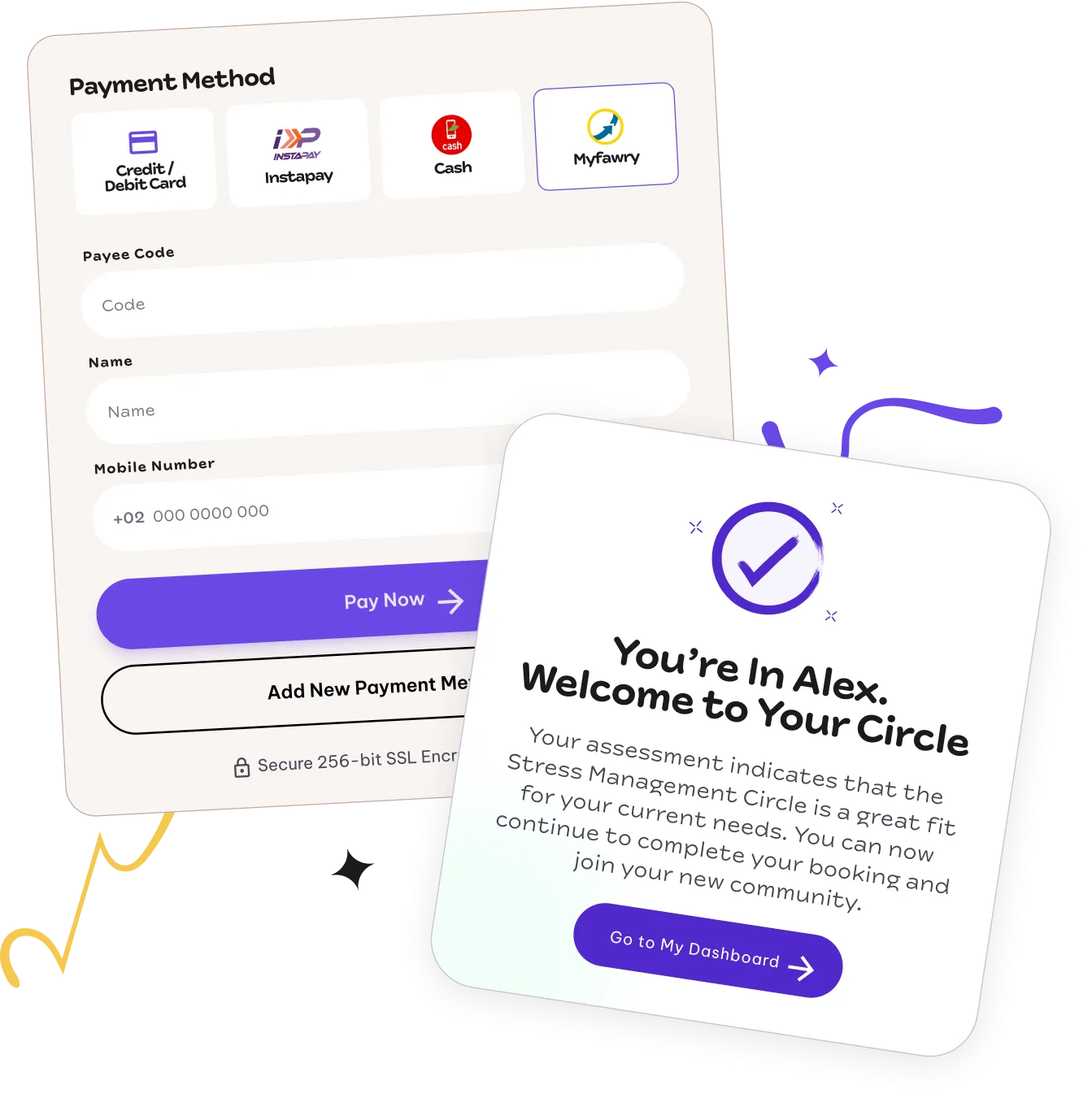 Payment method selection and Circl welcome confirmation