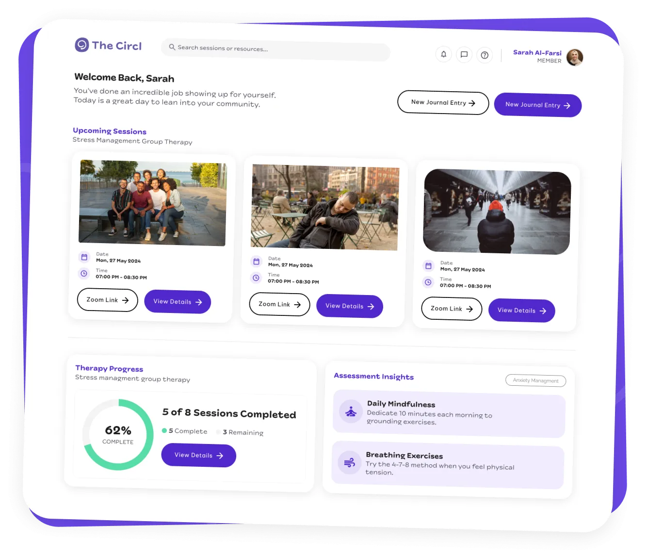 The Circlz member dashboard with sessions and progress